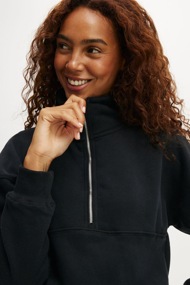 Plush Essential Half Zip Jumper, BLACK