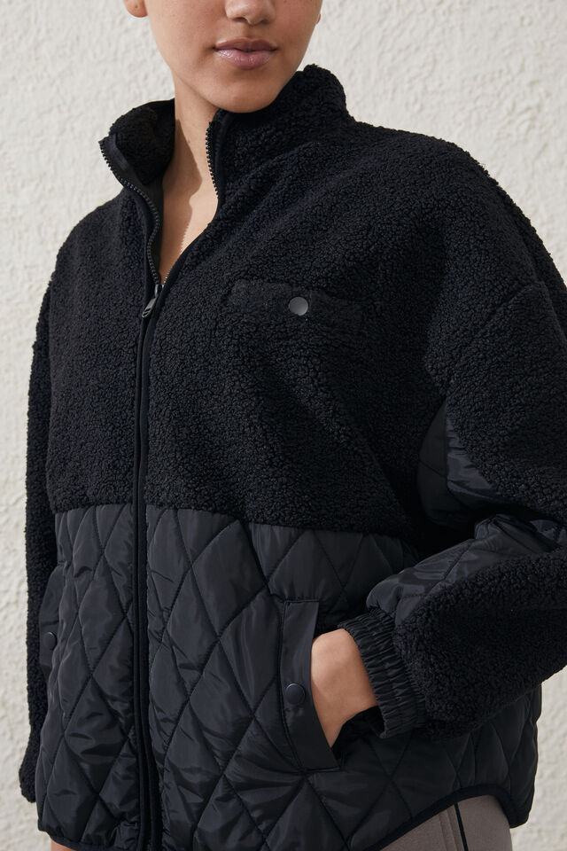 Sherpa Contrast Quilted Jacket, BLACK