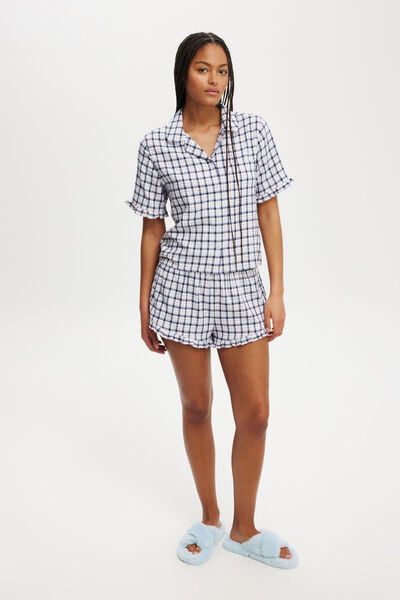 Flannel Short Sleeve Shirt And Short Sleep Set, ROBBIN CHECK/BLUE