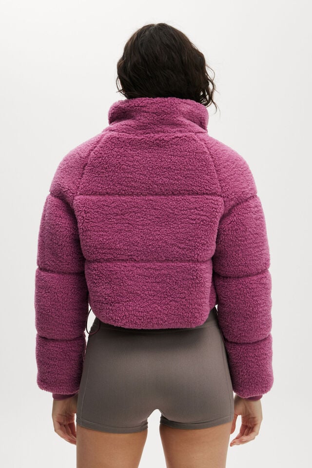 The Mother Puffer Cropped Sherpa Jacket, RED VIOLET