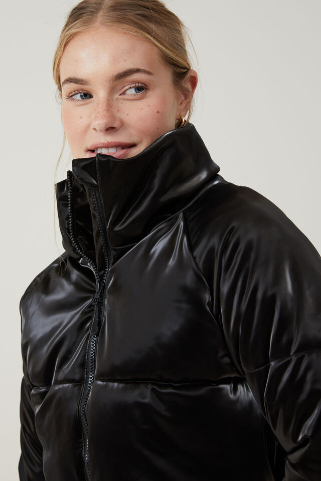 The Recycled Cropped Mother Puffer 2.0, BLACK GLOSS