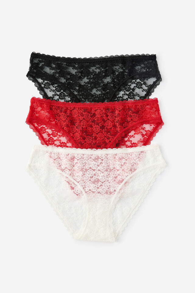 Remi Lace Trim Bikini Brief 3 Pack, BLACK, COCONUT MILK, CHEEKY CHERRY