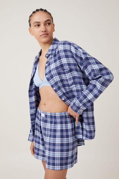 Flannel Boyfriend Long Sleeve Shirt Personalised, NAVY/BLUE CHECK