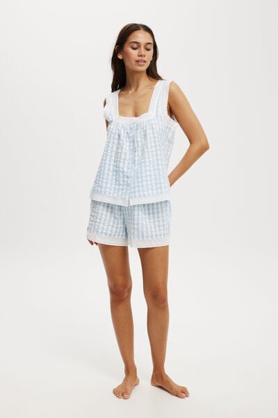 Button Through Tank And Short Set, TULLY CHECK BLUE