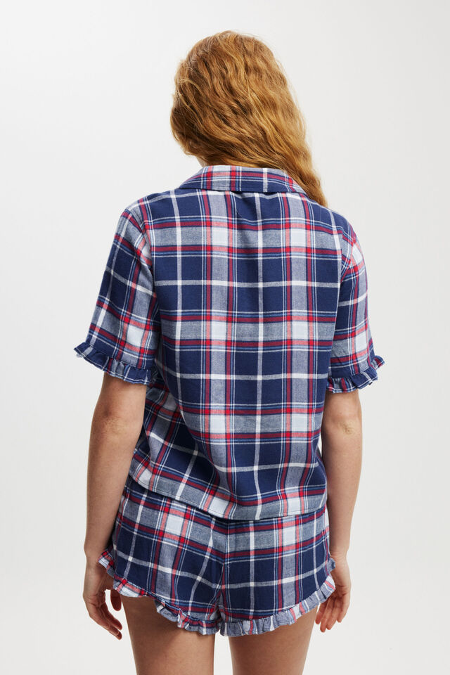 Flannel Short Sleeve Shirt And Short Sleep Set, TONI CHECK/NAVY/WHITE AND RED