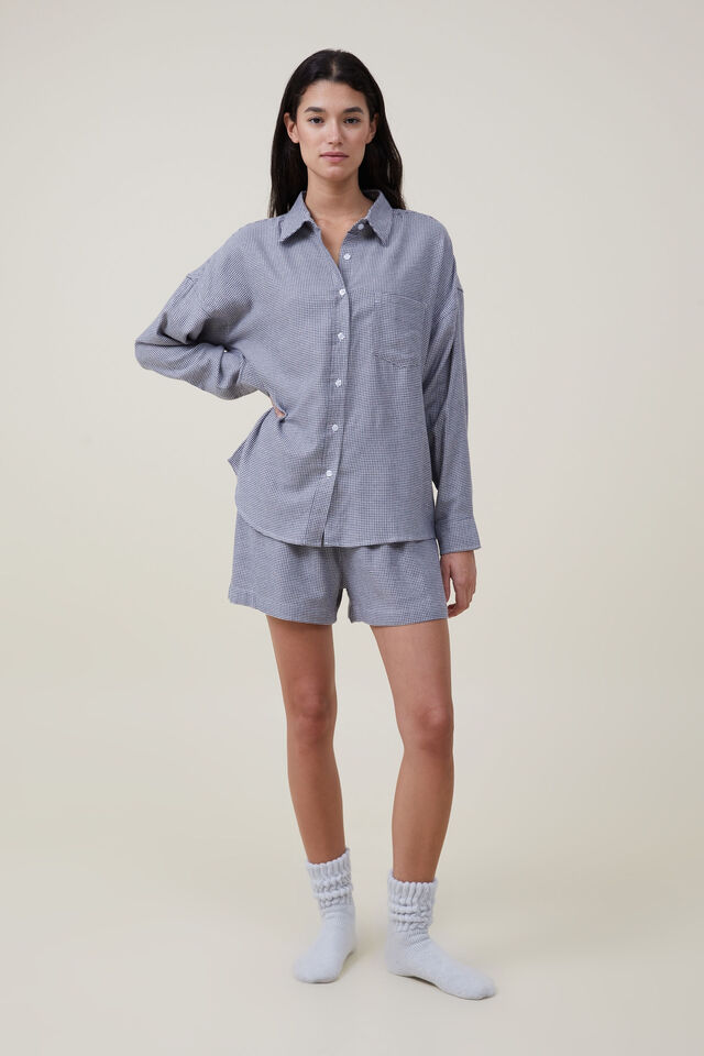 Flannel Boyfriend Long Sleeve Shirt, OMBRE BLUE MICRO HOUNDSTOOTH