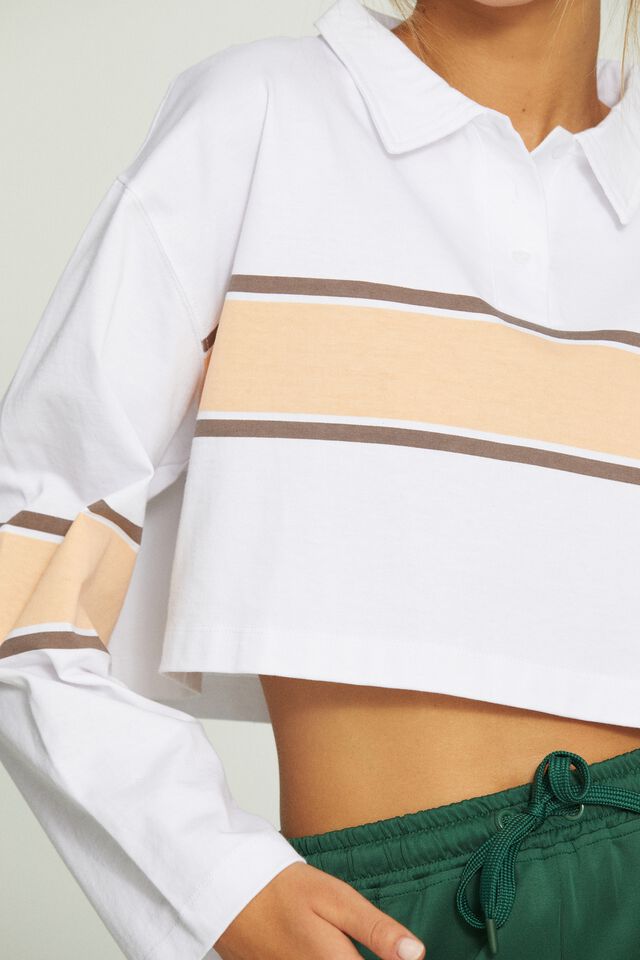 Polo Long Sleeve Top, WHITE/PEACH SAND PLACEMENT STRIPE