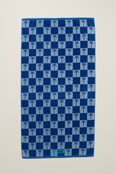 Cotton Beach Towel Personalised, CHECKERBOARD PALM BLUE