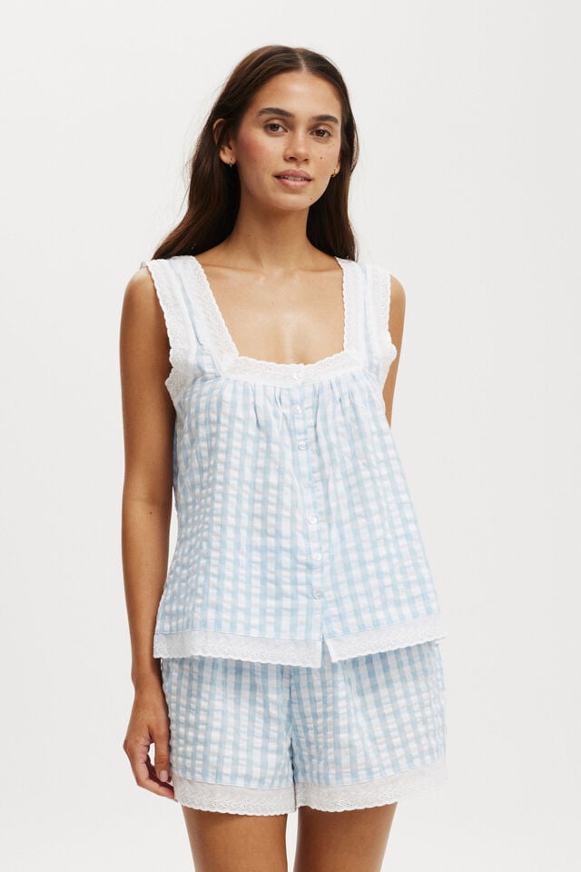 Button Through Tank And Short Set, TULLY CHECK BLUE