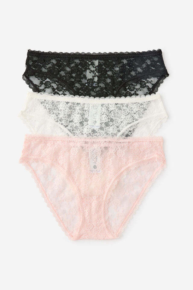 Remi Lace Trim Bikini Brief 3 Pack, BLACK, COCONUT MILK, PINK KISS