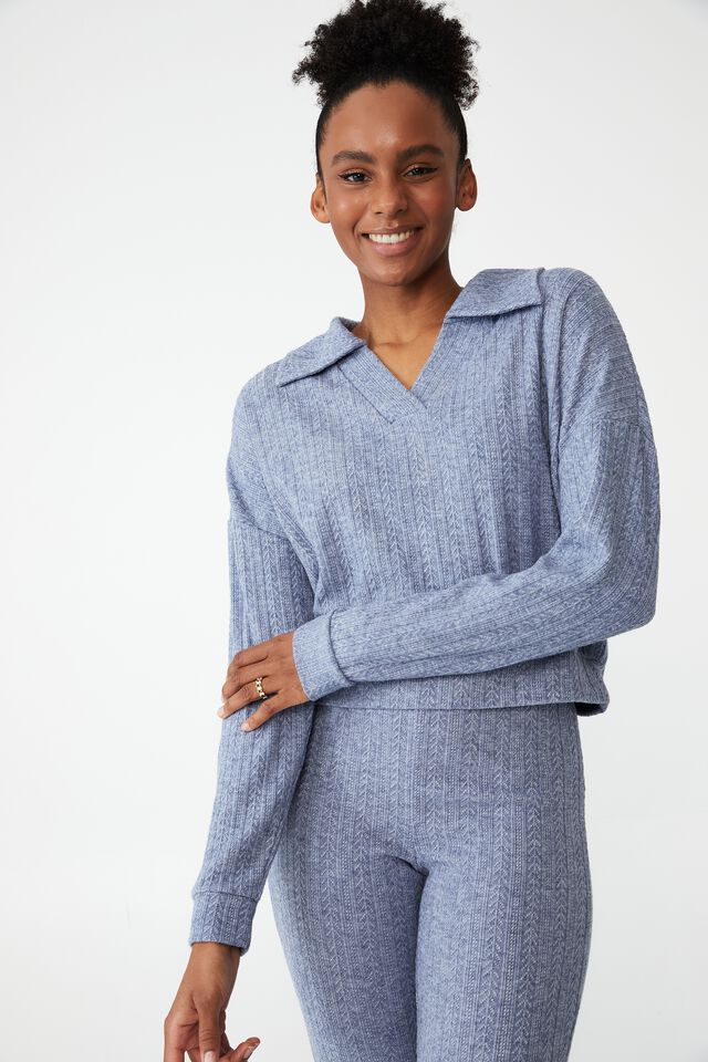 Super Soft Textured Long Sleeve Polo, BLUE YONDER MARLE