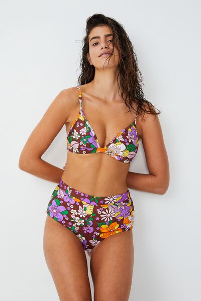 Contrast Fixed Triangle Bikini Top, BLOOMING RETRO FLORAL MULTI SHIMMER
