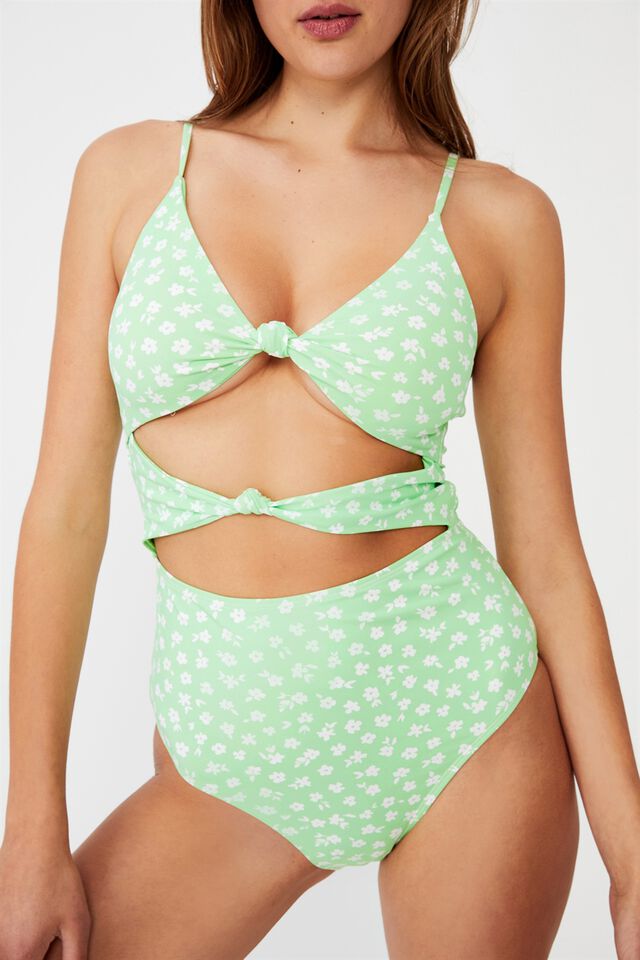 Knot Front Cut Out One Piece Brazilian, MINT DAISY