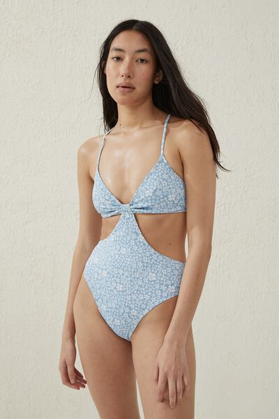 Cut Out Knot Front One Piece Brazilian, MINI FLORAL BLUE RIB