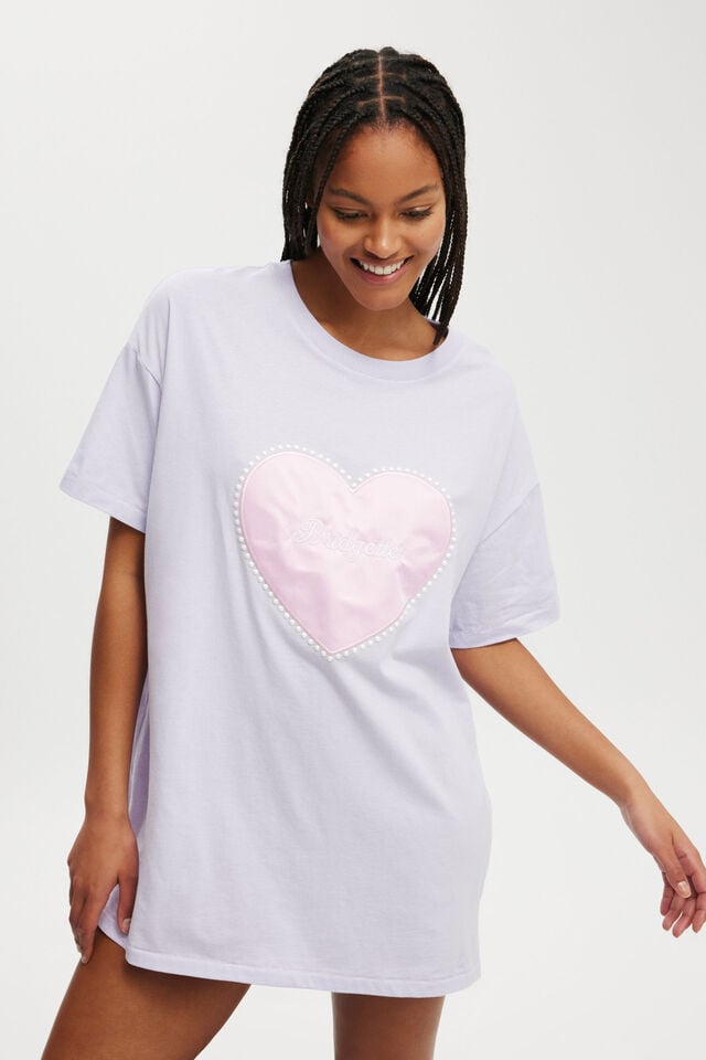 90S Graphic T-Shirt Nightie Personalised, LAVENDER/SATIN APPLIQUE HEART