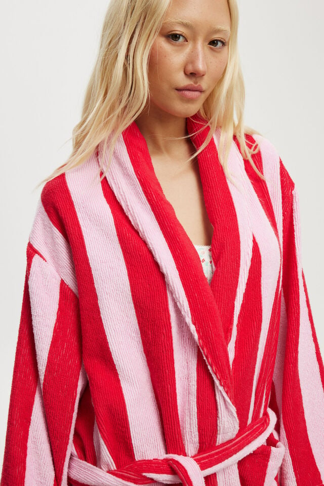 Luxe Terry Robe, PINK/RED CLAUDIA STRIPE