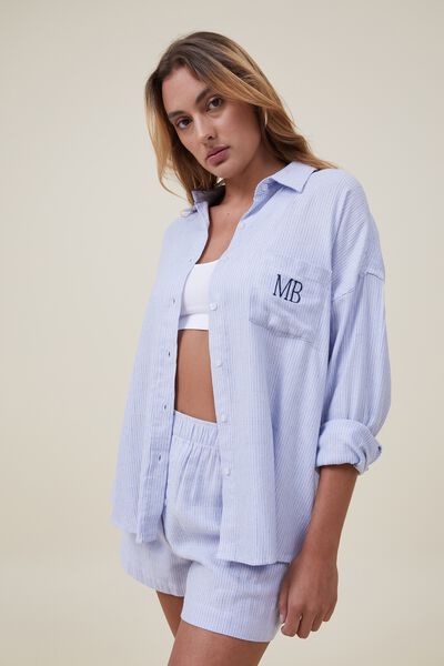 Personalised Flannel Boyfriend Long Sleeve Shirt, AZALIA WOVEN STRIPE BLUE