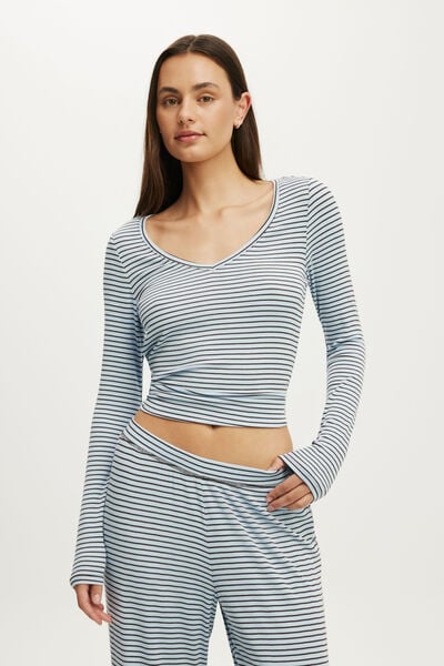 Airy Soft Lounge V Neck Long Sleeve, RIBBED LUCY STRIPE VIOLET BLUE/TOFFEE BEAN