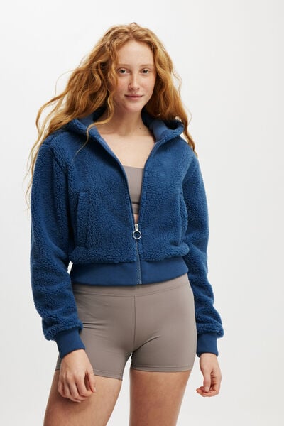 Hooded Sherpa Zip Through Jacket, DEEP BLUE