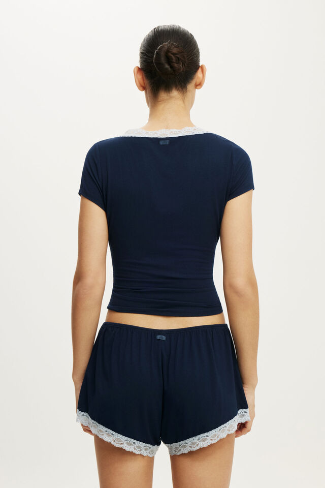 Slinky Soft Lace Trim Tee, MOON TIDE