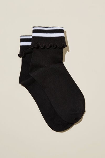 Active Folded Frill Sock, BLACK/WHITE