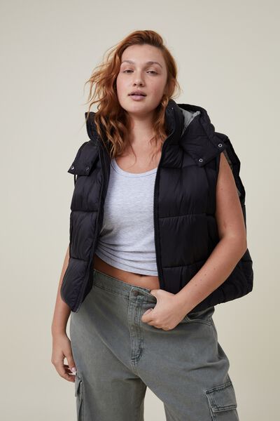The Recycled Mother Hooded Puffer Vest, BLACK/ DUSTY KHAKI