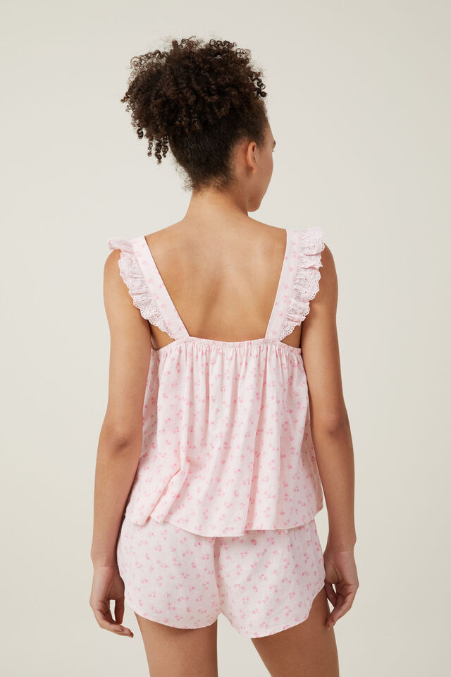 Linen Blend Ruffle Tank And Short Set, ROSIE FLORAL PINK/LACE TRIM