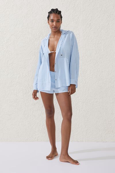 Hooded Beach Shirt And Short Set, WASHED BONNIE BLUE/WHITE STRIPE