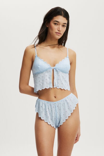 Broderie Longline Lace Tie Up Bralette, EIFFEL SKY