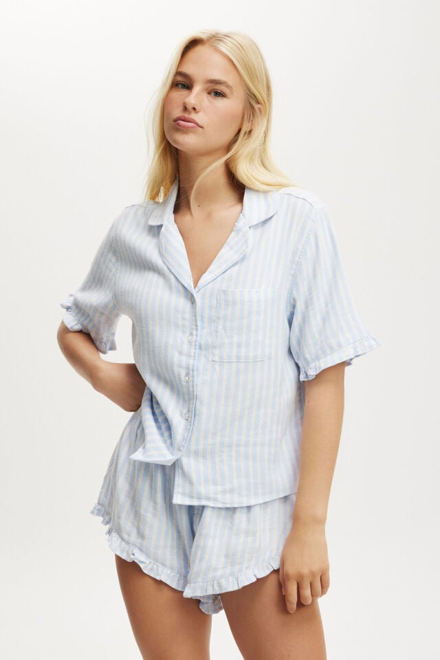 Flannel Short Sleeve Shirt And Short Sleep Set, BLUE/WHITE/PANNA COTTA STRIPE