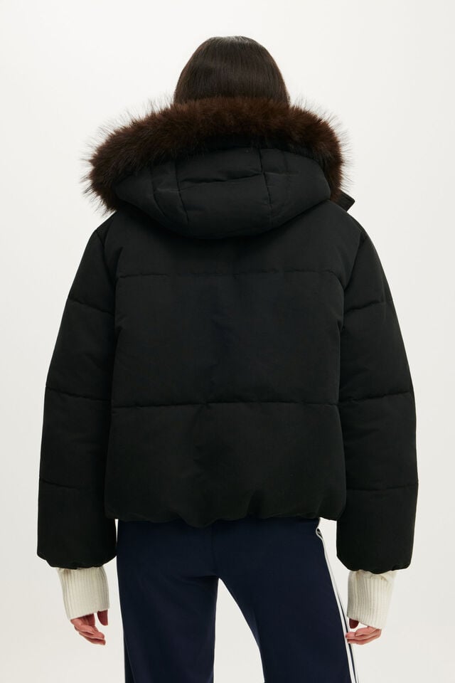 The Mother Puffer Soft Touch Removable Hood Jacket, BLACK/FAUX FUR