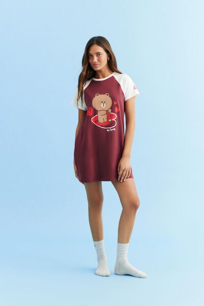 Relaxed Graphic T-Shirt Nightie, LCN LIN/LINE FRIENDS LOVE BROWN