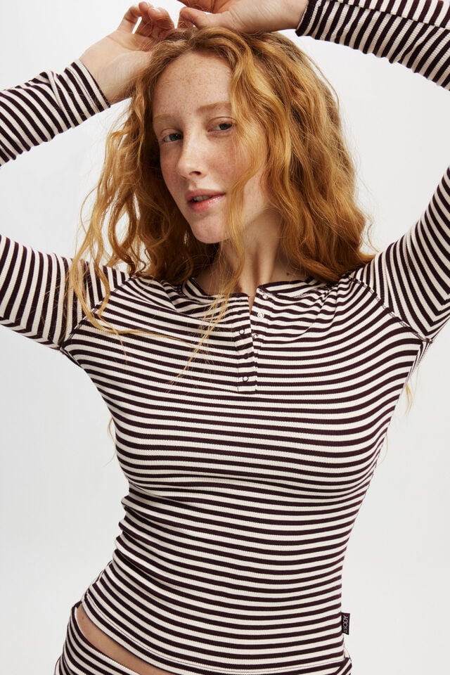 Sleep Recovery Henley Long Sleeve, BURGUNDY/ CREAM STRIPE