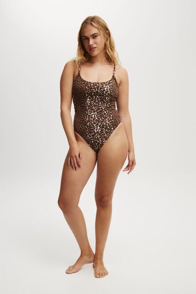 Thin Strap Low Scoop One Piece Cheeky, TEXTURED LEOPARD
