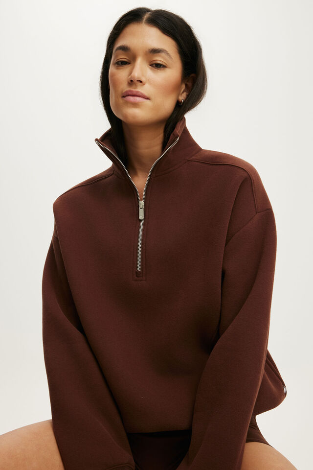 Plush Half Zip Sweatshirt, CHESTNUT