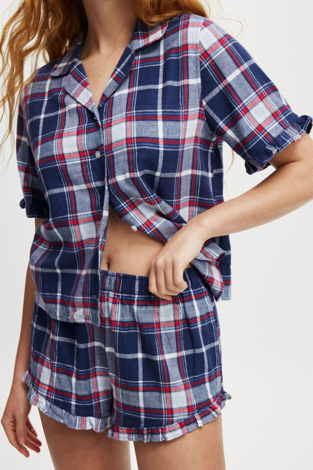 Flannel Short Sleeve Shirt And Short Sleep Set, TONI CHECK/NAVY/WHITE AND RED