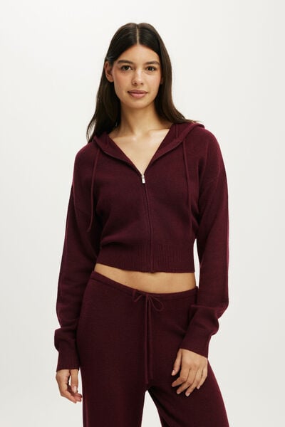 Hooded Zip Up Knit Cardi, GINGERBERRY