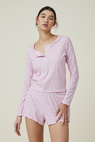 Pointelle Sleep Long Sleeve Henley, FLORAL CHAIN PINK FROSTING