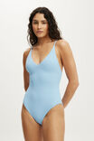 Thin Strap V Neck One Piece Full, CLEAR SEA BLUE WAFFLE - example image 1