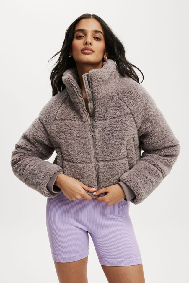 The Mother Puffer Cropped Sherpa Jacket, DESERT GREY