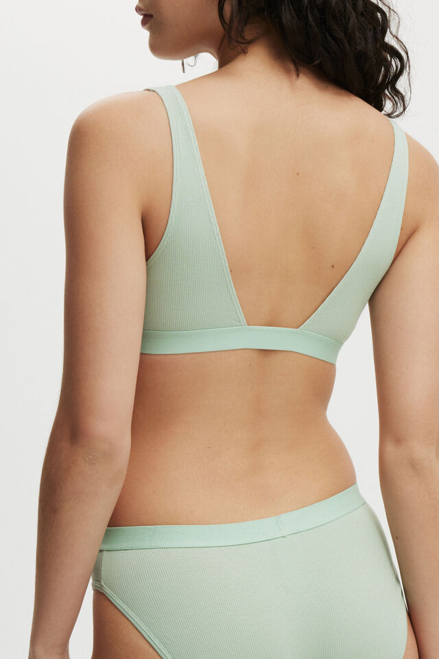Organic Cotton Branded Rib Plunge Bralette, WASHED MINT