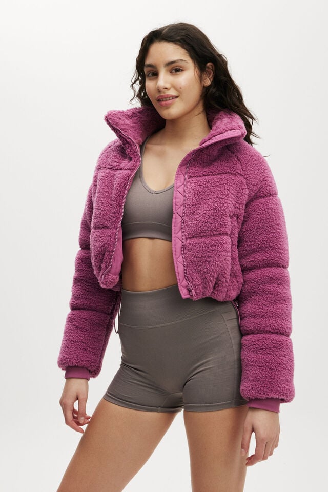 The Mother Puffer Cropped Sherpa Jacket, RED VIOLET