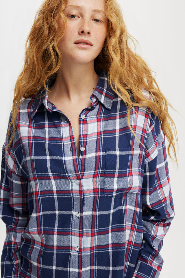 Flannel Boyfriend Long Sleeve Shirt, TONI CHECK/NAVY/WHITE AND RED