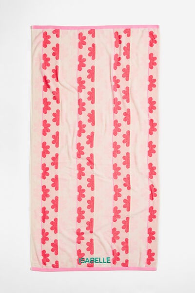 Cotton Beach Towel Personalised, GIGI DAISY STRIPE PINK RED