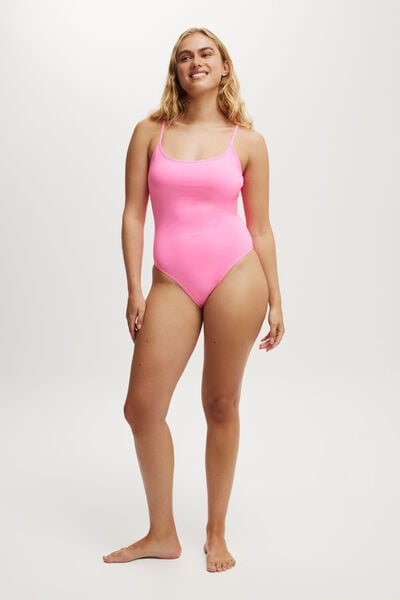 Thin Strap Low Scoop One Piece Cheeky, NEON PINK