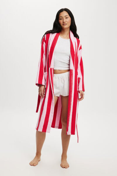 Luxe Terry Robe Personalised, PINK/RED CLAUDIA STRIPE