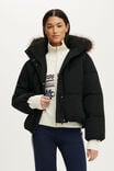 The Mother Puffer Soft Touch Removable Hood Jacket, BLACK/FAUX FUR - example image 1