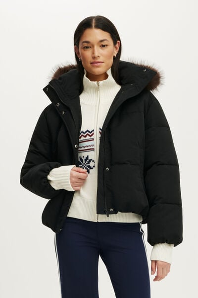 The Mother Puffer Soft Touch Removable Hood Jacket, BLACK/FAUX FUR