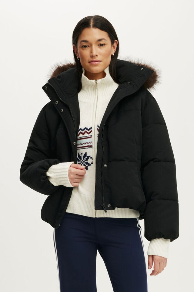 The Mother Puffer Soft Touch Removable Hood Jacket, BLACK/FAUX FUR