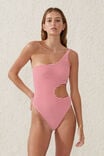 One Shoulder Cut Out One Piece Cheeky, LOBSTER RED CRINKLE STRIPE - alternate image 4